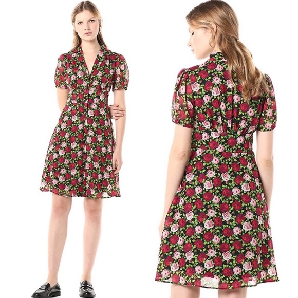Betsey Johnson Dresses & Skirts - Betsy Johnson Black Floral Dress Retro Button Front 90’s  6